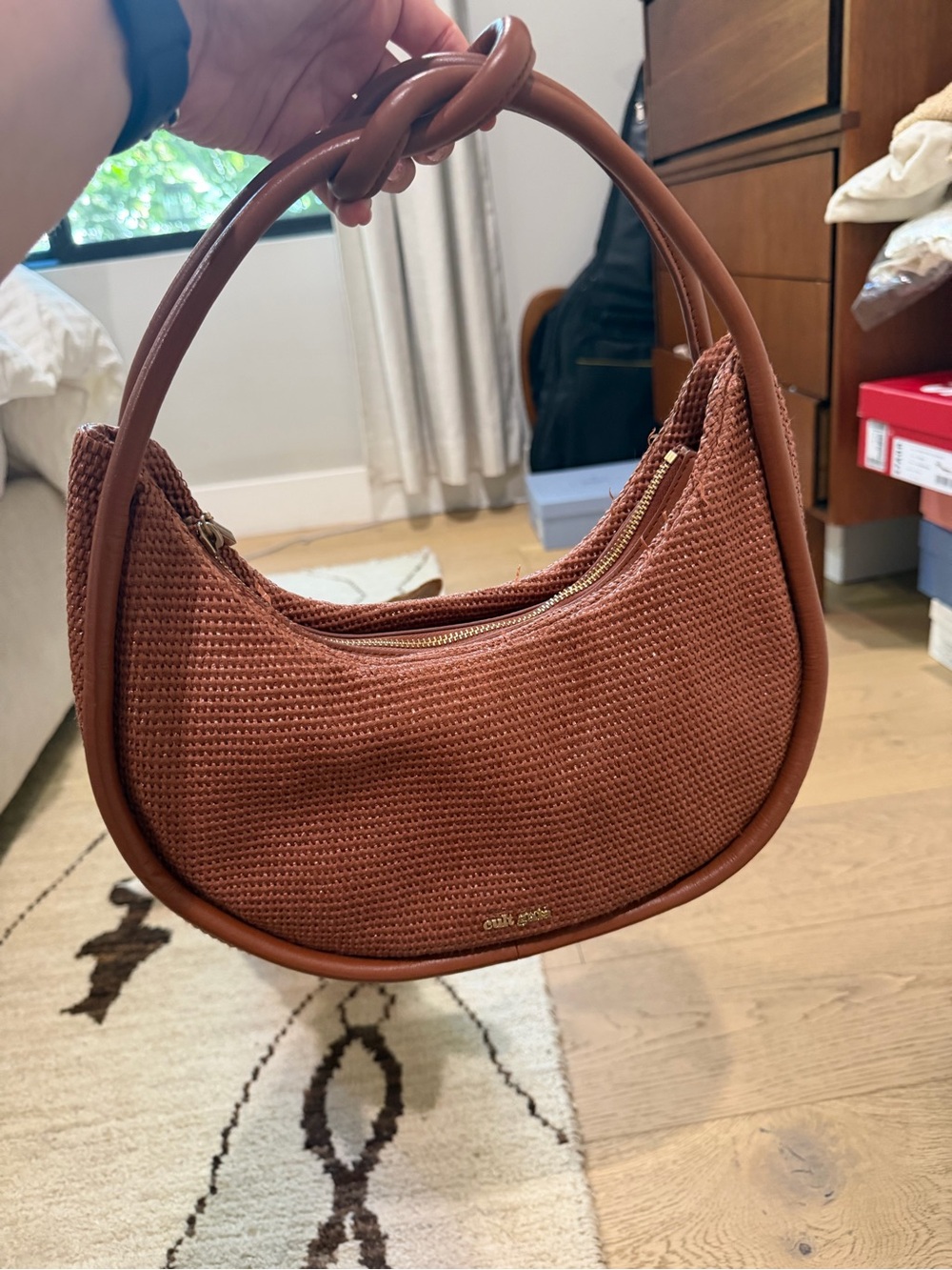 Cult Gaia Brown Woven and Leather Shoulder Bag
